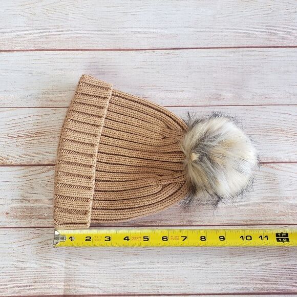 J. Crew Ribbed Knit Faux Fur Pom Pom Beanie in Light Caramel - Picture 5 of 8